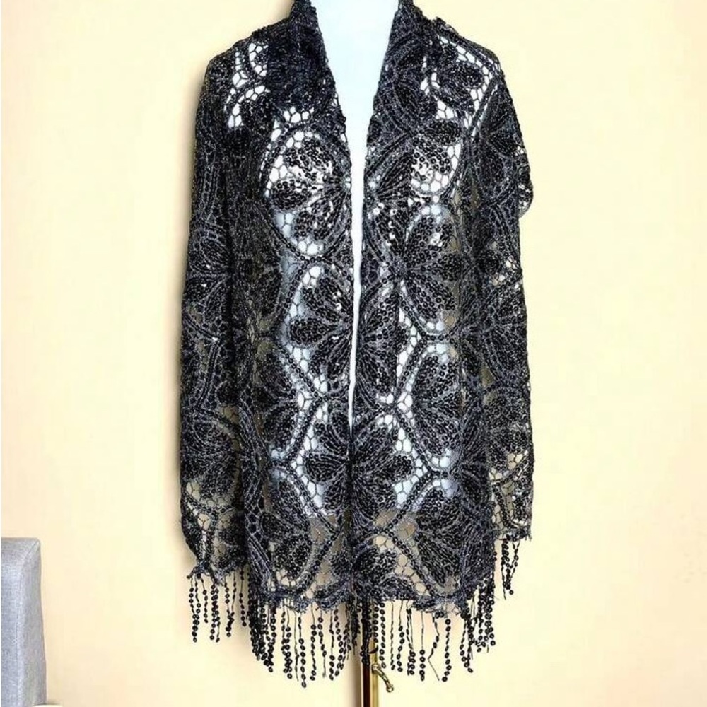 Black Lace Knit Shawl Scarf with Beaded Fringe - Picture 2 of 14